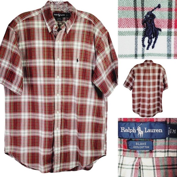 Polo Ralph Lauren Shirt Oxford Blake Men's M Red Plaid SS Button Down Relaxed - Picture 1 of 8